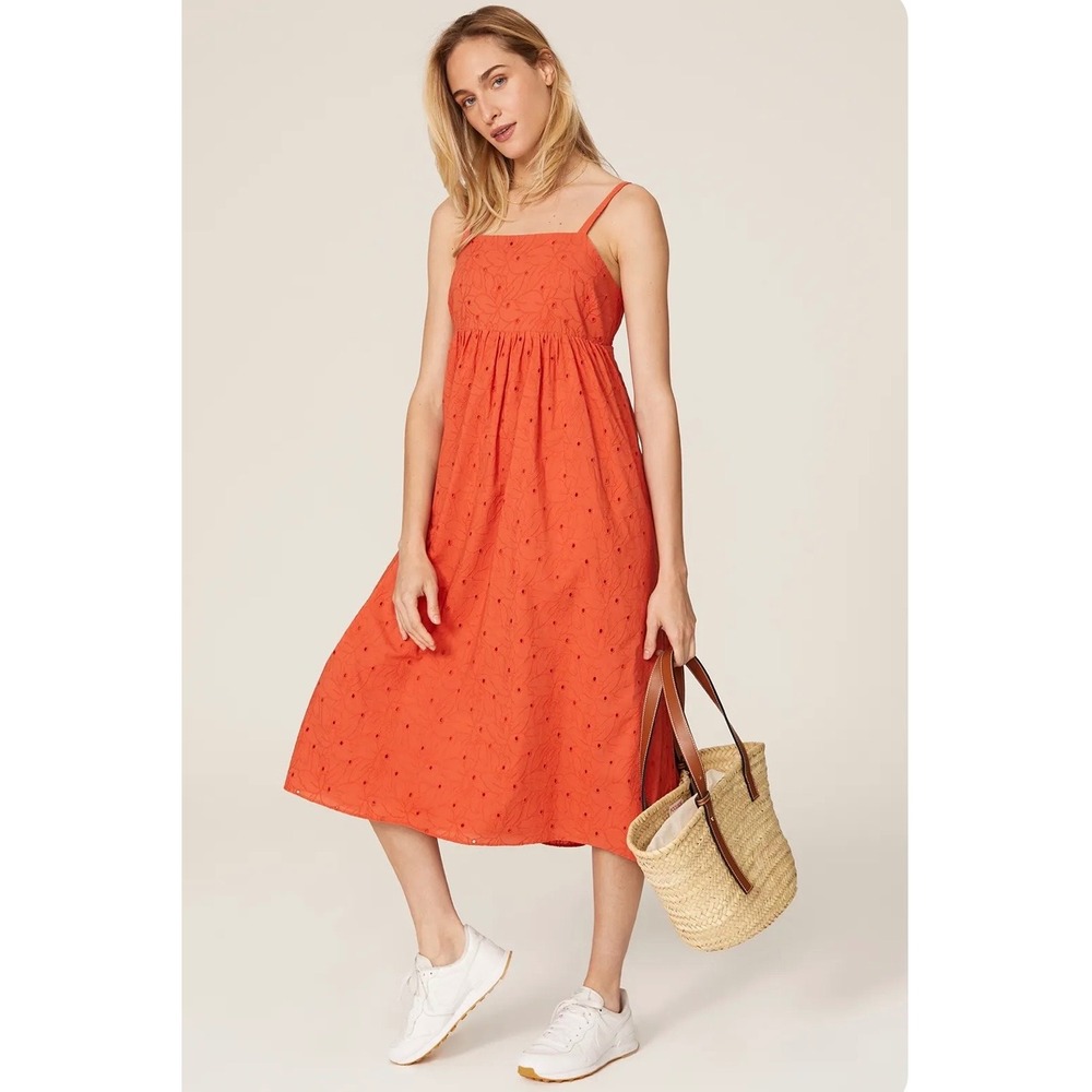 Madewell Eyelet Cotton Midi‎ Sundress XS Summer Orange Smocked Pockets Cami